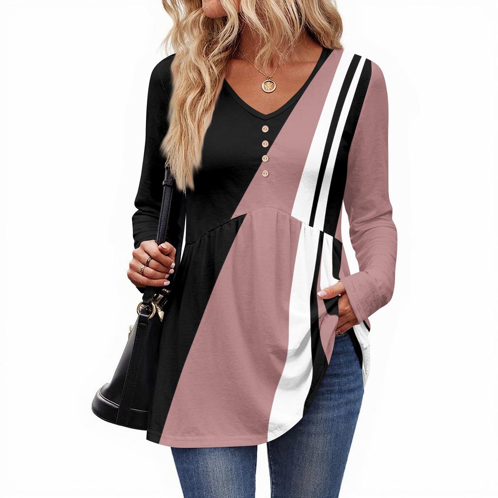 Top casual de damă la modă cu gât în V, nasturi, imprimeu floral retro, mâneci lungi