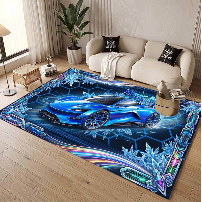 Car Racing Theme Soft Crystal Velvet Rug Custom Name & Text Print Non Slip Floor Rug for Bedroom Living Room