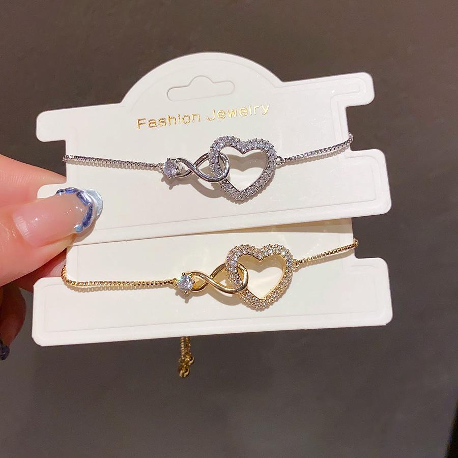Gold Plated Zircon Heart Bracelet - Retro Korean Fashion, Elegant Women's Jewelry