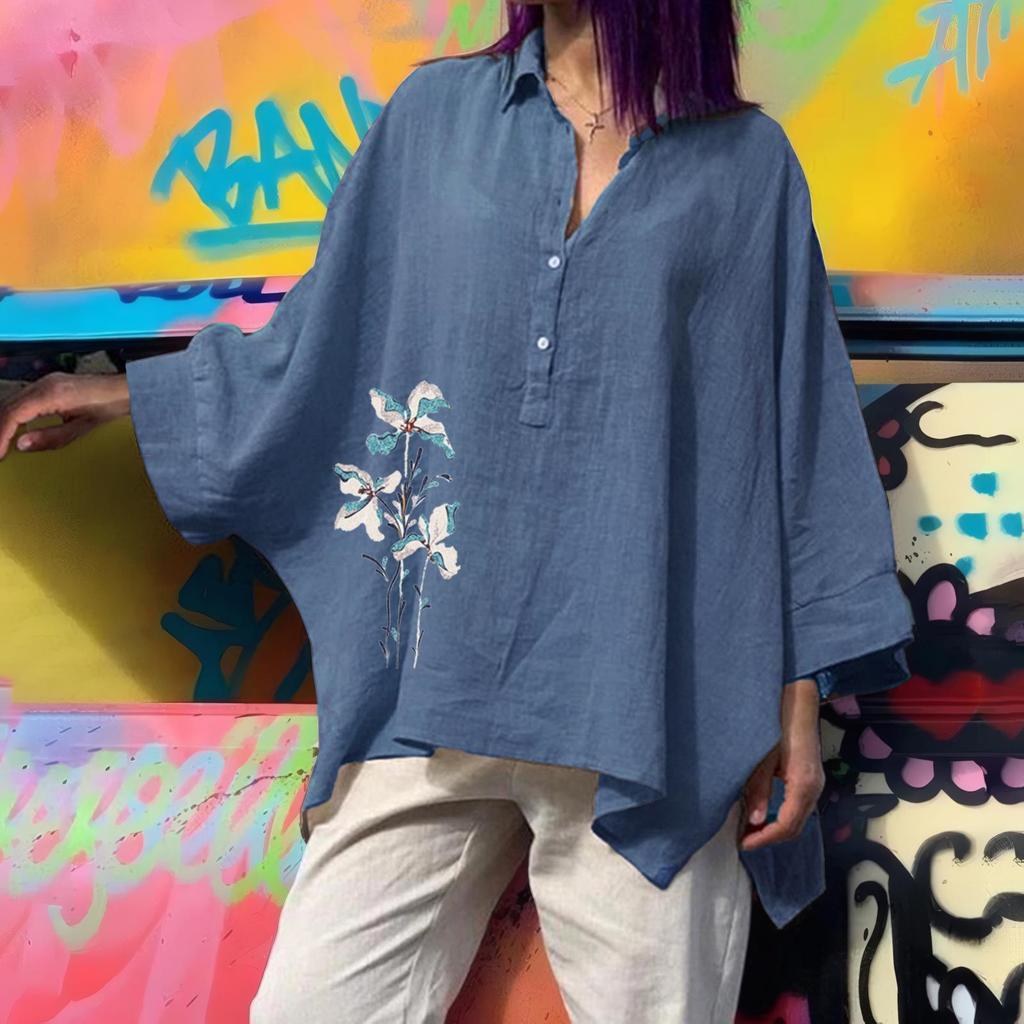 Locker sitzende Fledermausärmel-Oberteile aus Baumwolle und Leinen für Damen – Lässige Kleidung in Übergröße