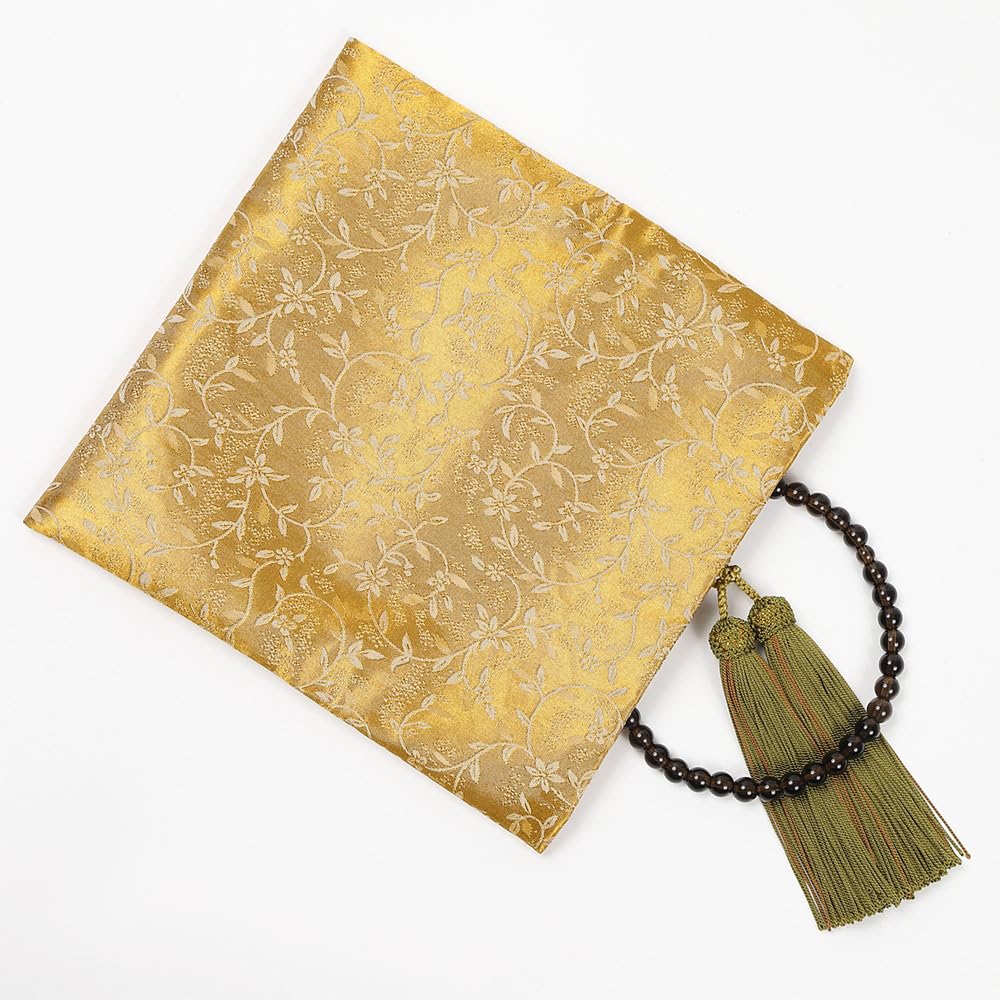 Buddhist prayer bead pouch, bifold, unisex, Kyoto damask, paper box, gift, made in Japan, small chrysanthemum and Chinese flower pattern, gold,