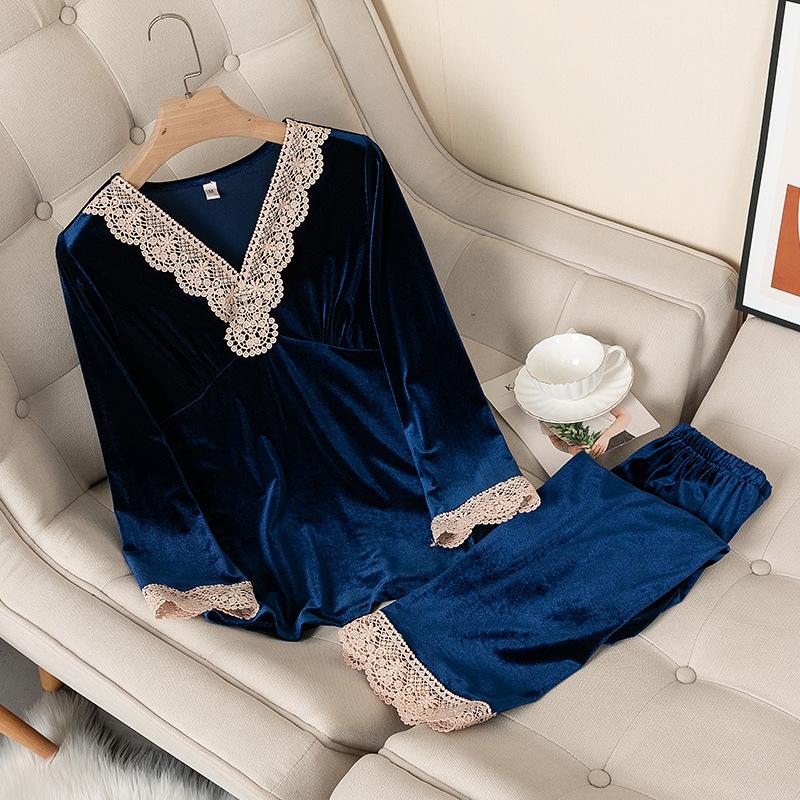 Velvet Pajamas Set Female Long Sleeve Trouser Pijamas Suit Autumn Winter Velour Sleepwear Loose Lace Trim Home Wear Loungewear