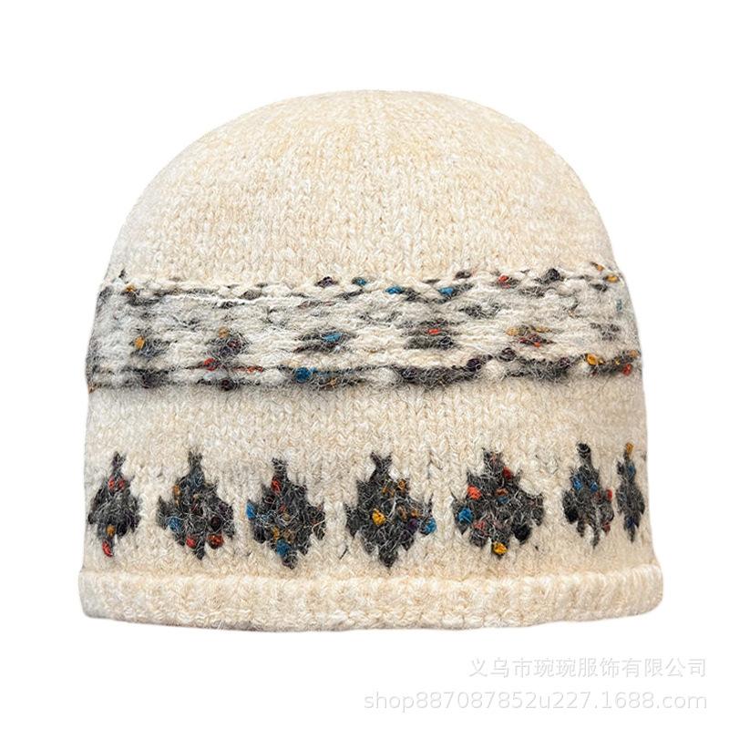 Retro Jacquard Fair Island Knitted Wool Hat Women's Autumn and Winter Warm Face Small Baotou Hat Curled Edge Big Head Circle Cold Hat