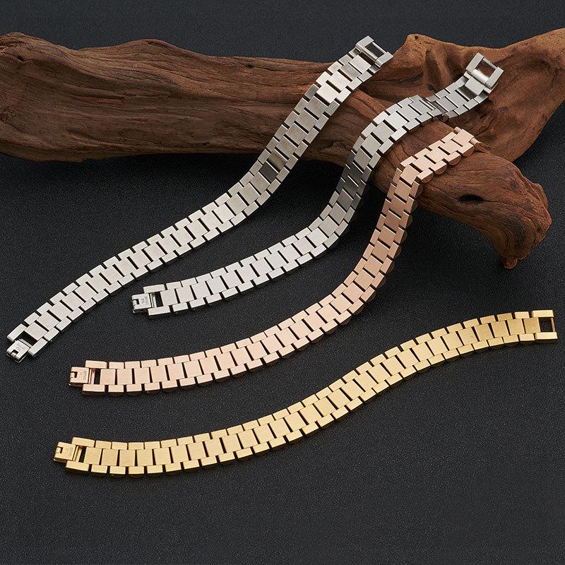 15mm Gold Stainless Steel Men's Watch Band Bracelet - Adjustable Titanium Steel Jewelry