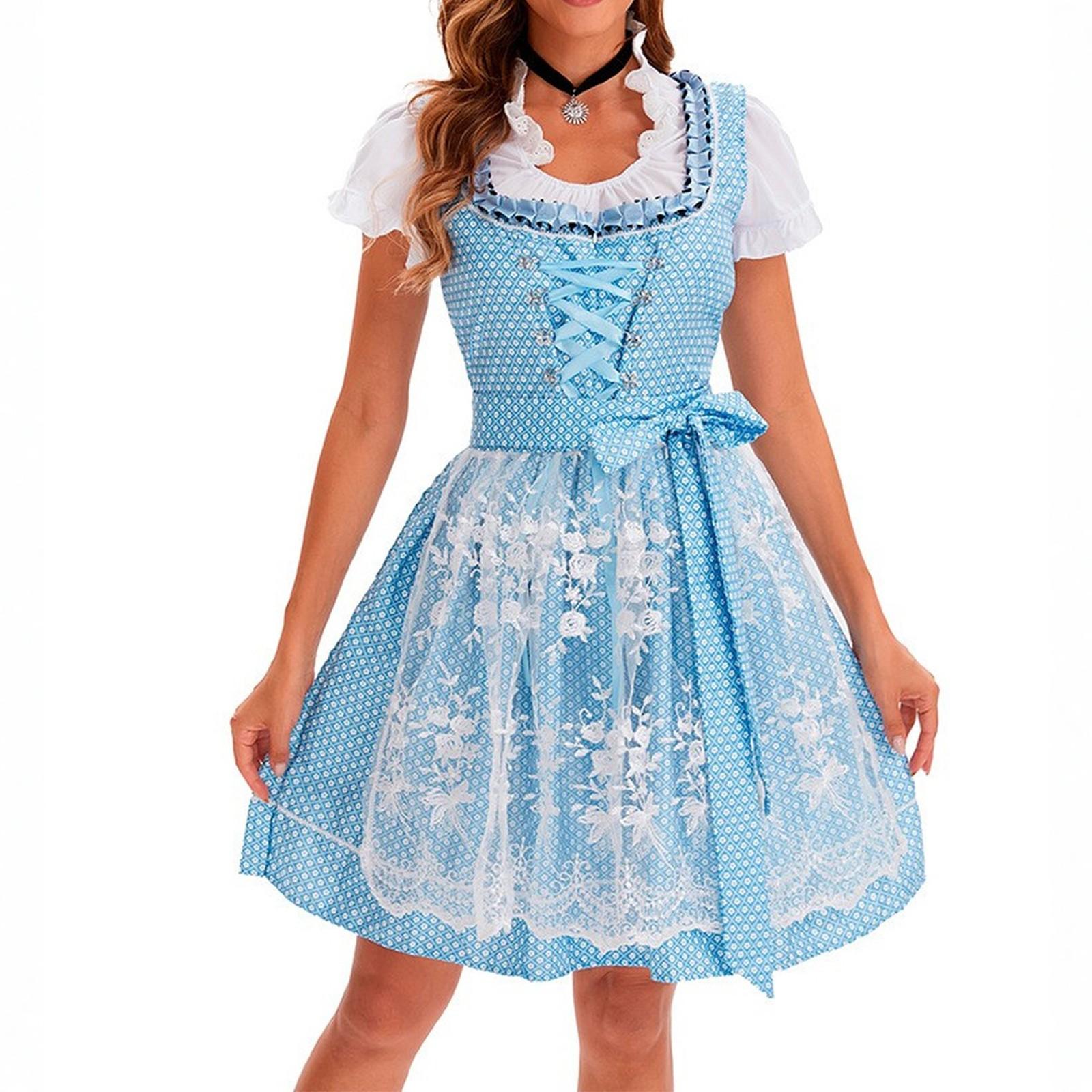 

Костюм для пивного фестиваля Баварский женский костюм для выступлений Платье с квадратным принтом и квадратным вырезом L синий