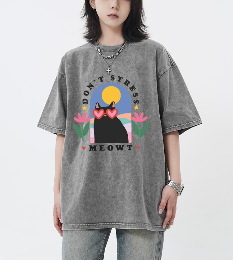 Don't Stress Meowt Cartoon Printing Retro Tee Shirt Female Trendy  Cotton T-Shirts Unisex Washed Short Sleeve Summer Hip Hop Top