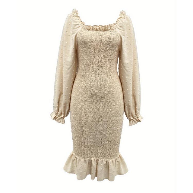 Women Slim Fit Square Neck Long Sleeve Fishtail Dress High Waist Mid Length Spring Summer Fungus Edge Dresses Sizes S-XL