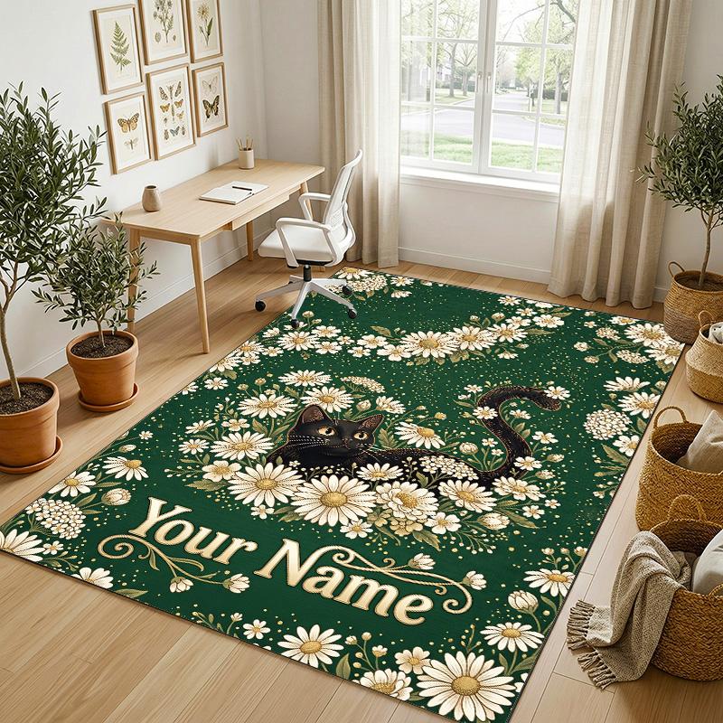 Cat Art Theme Soft Crystal Velvet Rug Custom Name & Text Print Non Slip Floor Rug for Bedroom Living Room