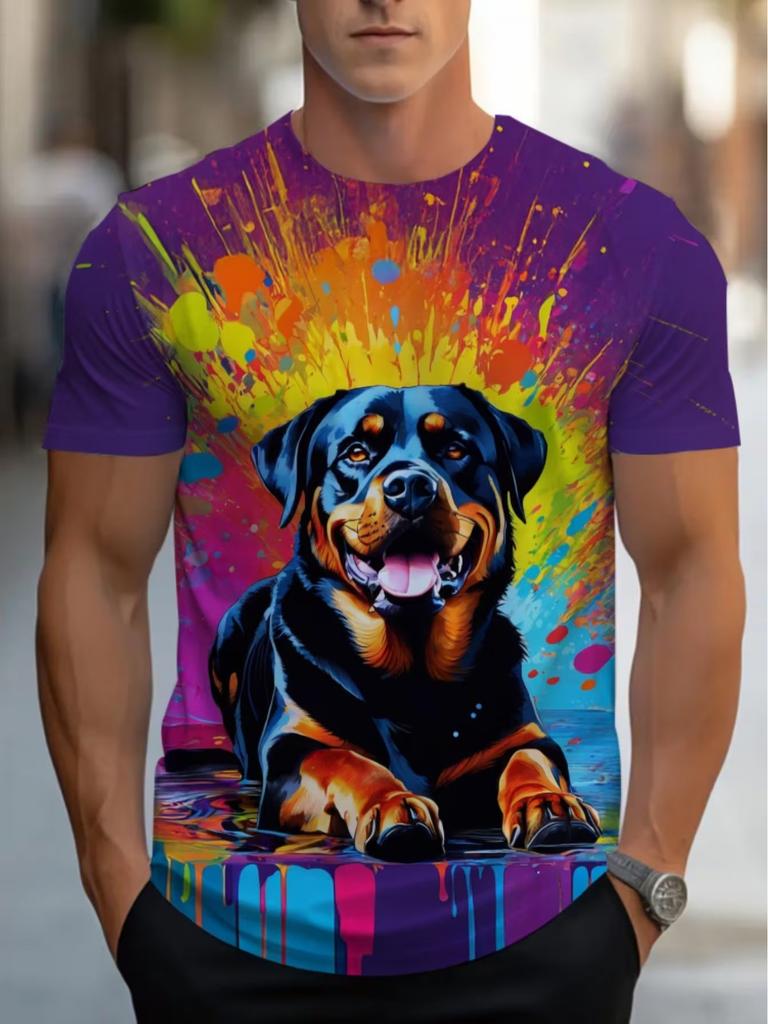 Printed Design – Not Textured] Splash Color Rottweiler Printed Plus Size Men's Short Sleeve T-Shirt, Extra Loose Fit, Crew Neck Casual Summer Men's