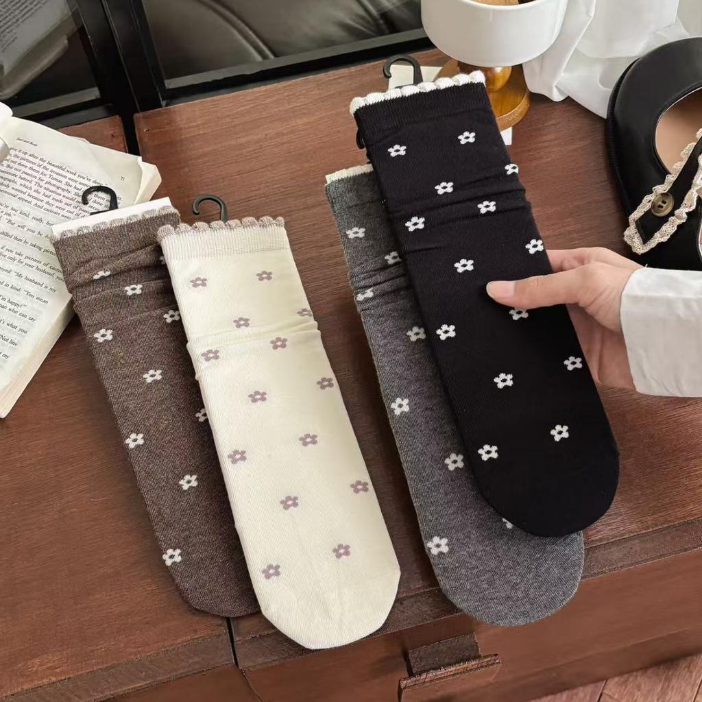 Floral Socks Women'S Medium Tube Socks Spring And Autumn Cotton Socks Tide Contrasting Lace Stockings Stacking Socks
