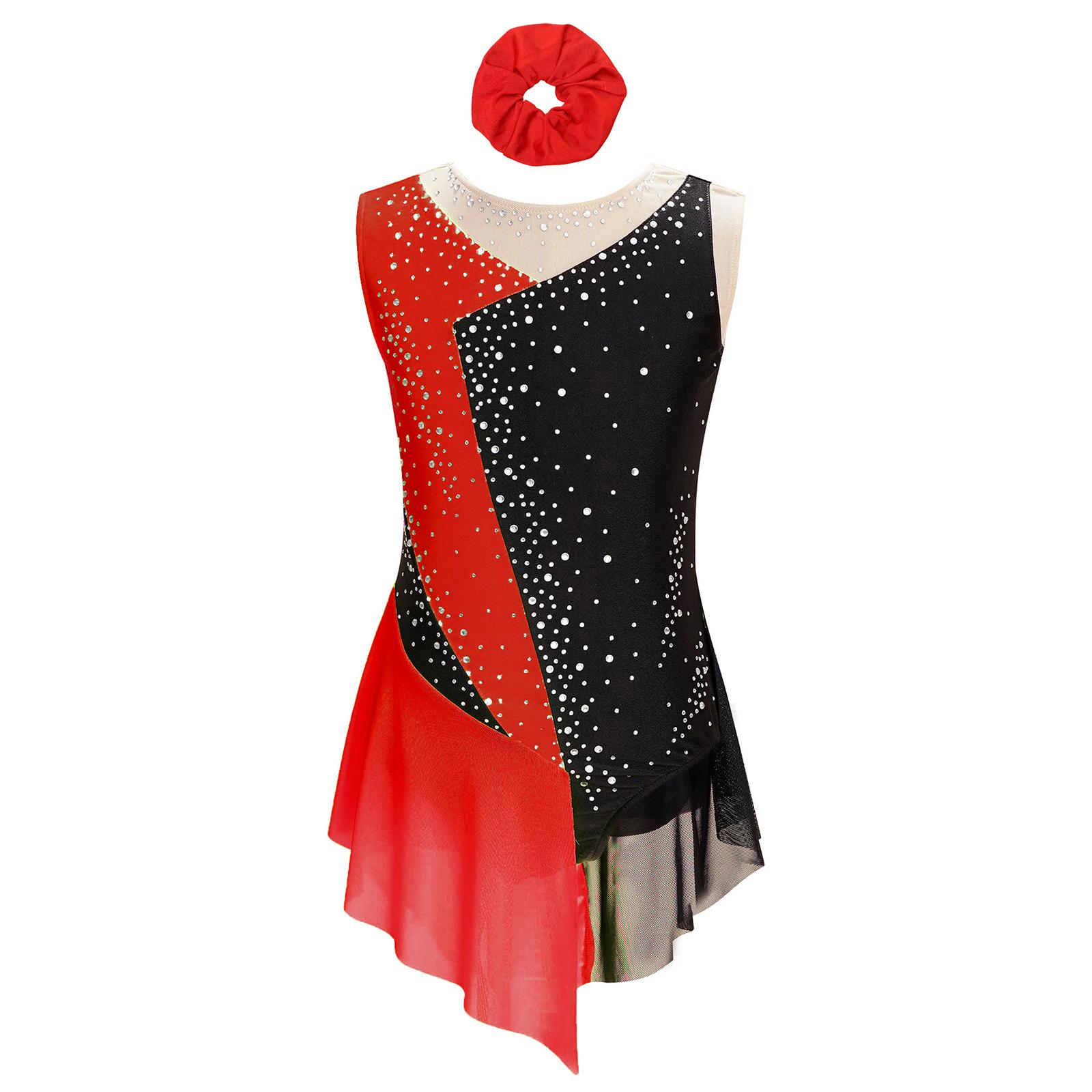 

Girls Figure Skating Outfit Sparkly Rhinestone Color Block Leotard Sheer Mesh Patchwork Sleeveless Bodysuit 5-6 Years червоний