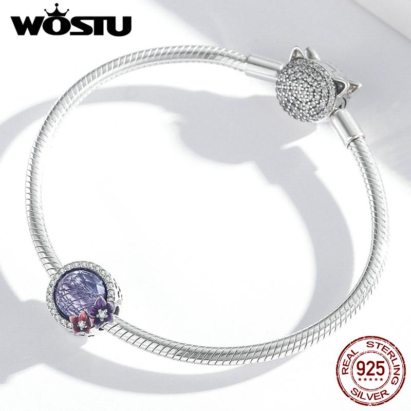 WOSTU 925 Sterling Silver Purple Bright Flowers Charms for Making Bracelet or Bangle DIY Jewelry