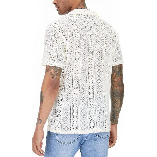 Men Summer Shirt Solid Color Hollow Out Lapel Short Sleeves Single-breasted Daily Wear Loose Breathable Men T-shirt Men Clothes