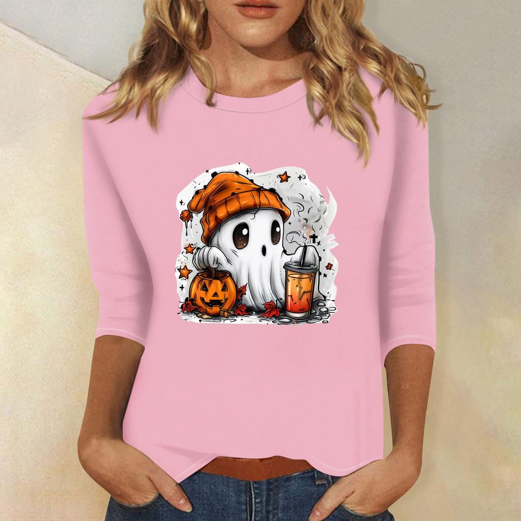 Women's Fashion Casual Three-quarter Sleeve Halloween Printed Round Neck Top