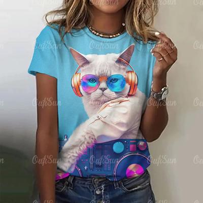 New Summer Women 3D Cool Rock Cat Printing T-Shirt Fashion Trend Tops Tees Ladies Casual Short Sleeve Clothing Y2K Streetwear