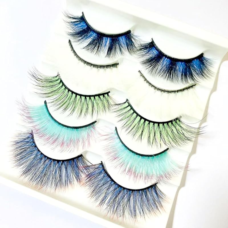 Sunniess Ombre Colored Lashes Silk Protein Fluffy Wispy Volume Fake Lashes for Halloweens Cosplay Party Stage Russian D Curl Lashes with Color Make