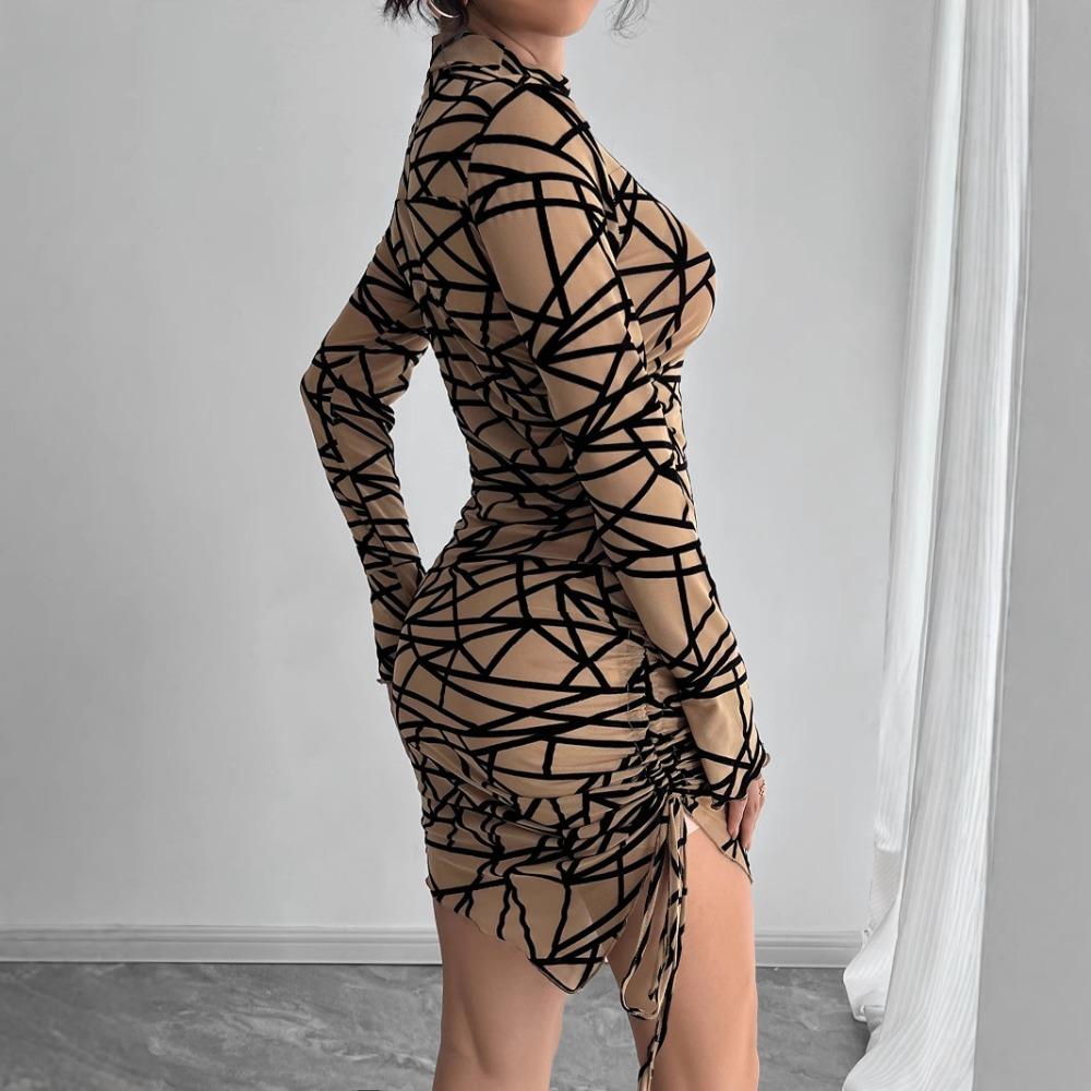 Spring and Summer Women's Slim Side Drawstring Small Standing Collar Long Sleeve Irregular Short Dresses