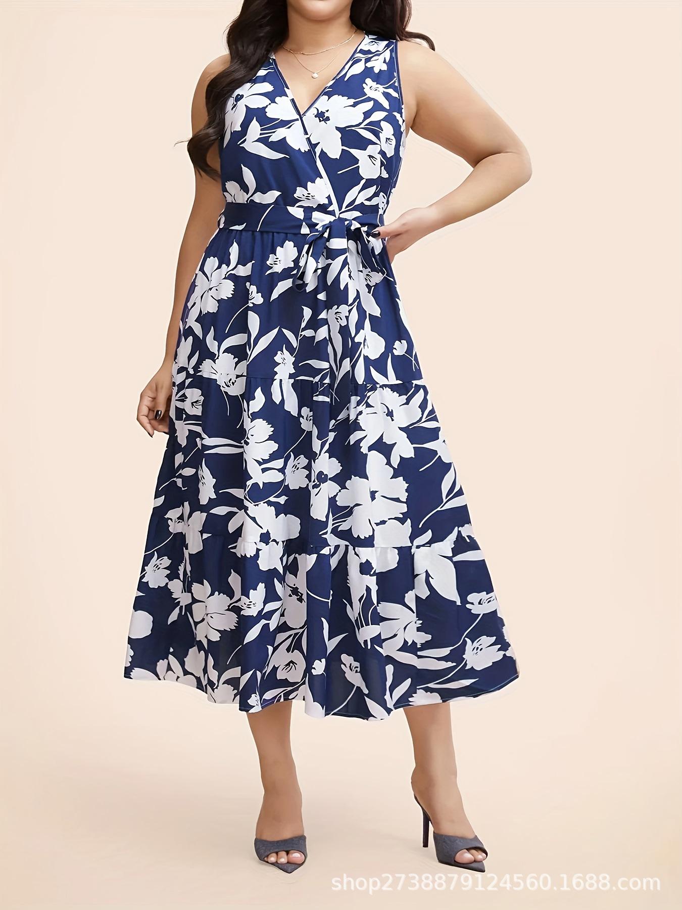 

2026 Spring/Summer Plus Size Women s Sleeveless Digital Print Dress 5XL темно-синий
