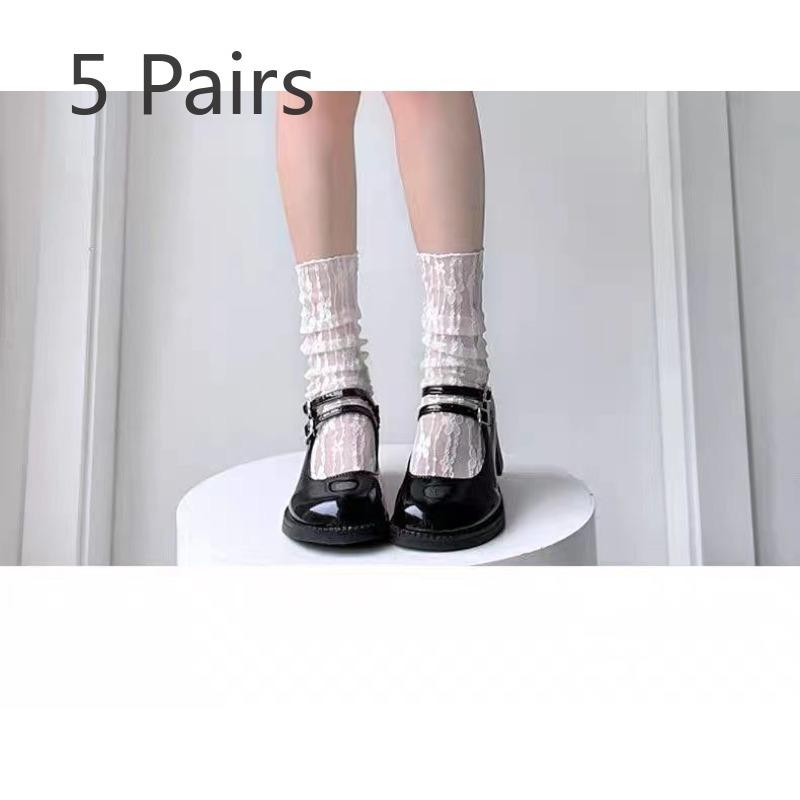 5 Par Damskich Letnich Cienkich Jednokolorowych Skarpetek do Kostki z ażurowej koronki w kwiaty, oddychających