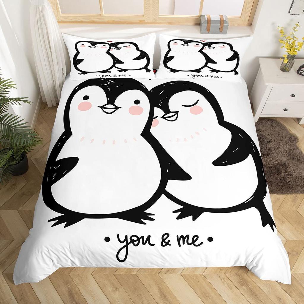 Set Copripiumino con Stampa di Pinguini ad Acquerello Set Biancheria da Letto 3 Pezzi Per Bambini Copripiumino Morbido Coperta Trapunta con 2 Federe