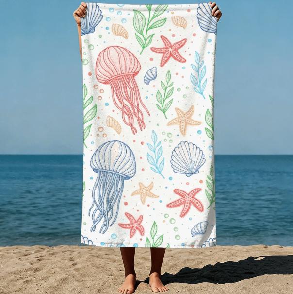 1 Pc Marine Life Shells and Starfish Vintage Hand-Drawn Style Beach Towels for Swimming Pool Sand Free Fast Drying Beach Towel