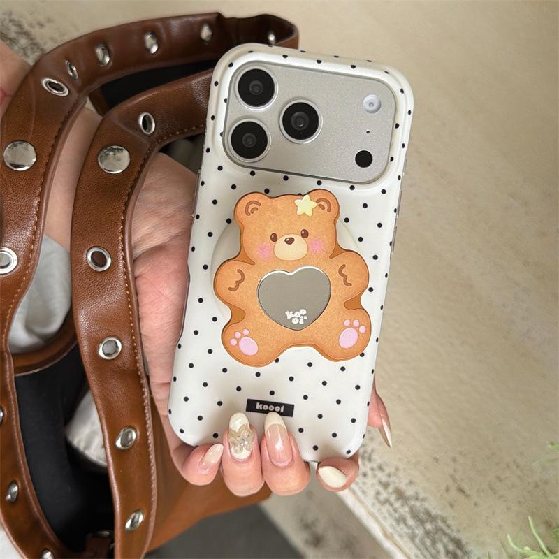 Magnetic Mirror iPhone Case with Korean Style Polka Dot Bear Heart Design (Compatible with iPhone 17, 16 Pro Max, 15, 14)
