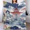 GUOYU Decke Überwurfdecke Chinoiserie Anthrazit Koralle Pagode Flanell Fleece Überwurfdecke Japanischer Asiatischer Stil Decke Pagode und Blume