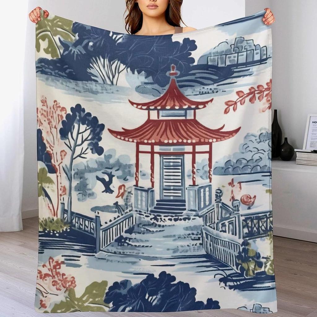 GUOYU Decke Überwurfdecke Chinoiserie Anthrazit Koralle Pagode Flanell Fleece Überwurfdecke Japanischer Asiatischer Stil Decke Pagode und Blume