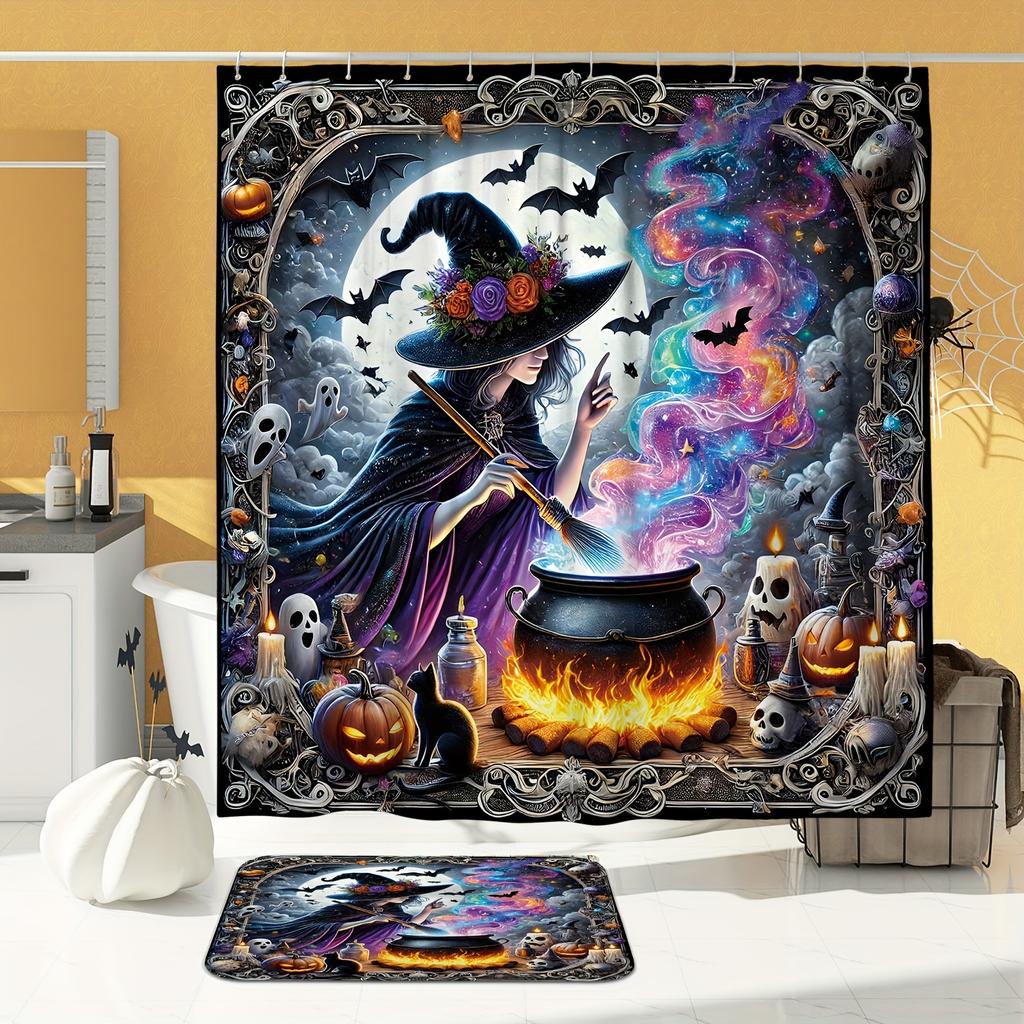 Halloween Multicolor Bath Curtain Set - Includes Shower Curtain And Bath Mat For Bathroom Or Shower Room Decor