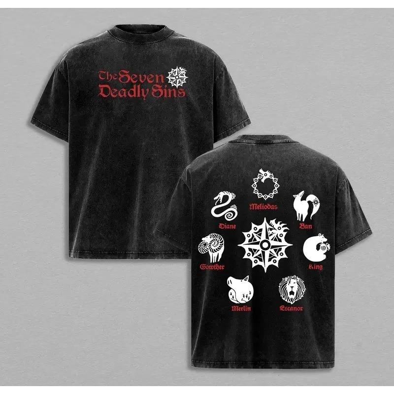 

The Seven Deadly Sins All Sins Emblems Vintage Washed T-Shirt Double-Sided Anime Streetwear Black Cotton Unisex Tee L