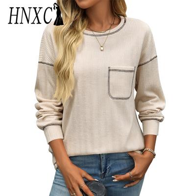 Damenmode, lässig, Herbst und Winter, einfarbig, langärmelig, O-Ausschnitt, Blusen und Hemden