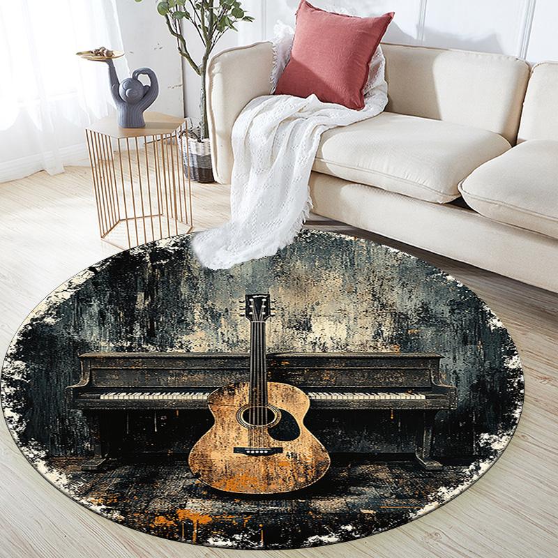 Guitar and Piano Round Area Rug,Carpet Rug for Living Room Bedroom Sofa Playroom Decor,Non-slip Floor Mat