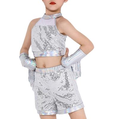 Girls Sequins Dance Outfit Crop Top Shorts with Tassels Arm Sleeves Sparkly Sleeveless Top for Dancing Raves Festivals