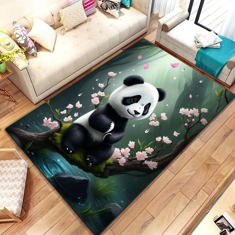 Uroczy dywanik z pandą do sypialni, pokoju zabaw, na sofę, dywan z naturalnych liści bambusa, kreskówkowy dziki zwierz dżungli, wewnętrzna mata podłogowa, wycieraczka