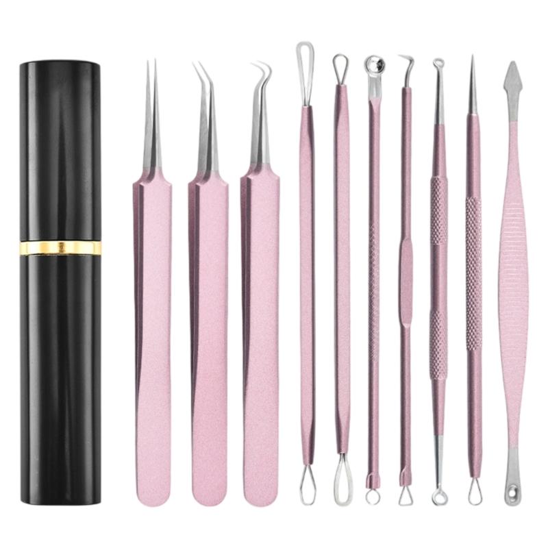 Portable 10Pcs Acne Treatments Kit Including Carbon Steel Needle and Ergonomic Comedone Extractor Tools