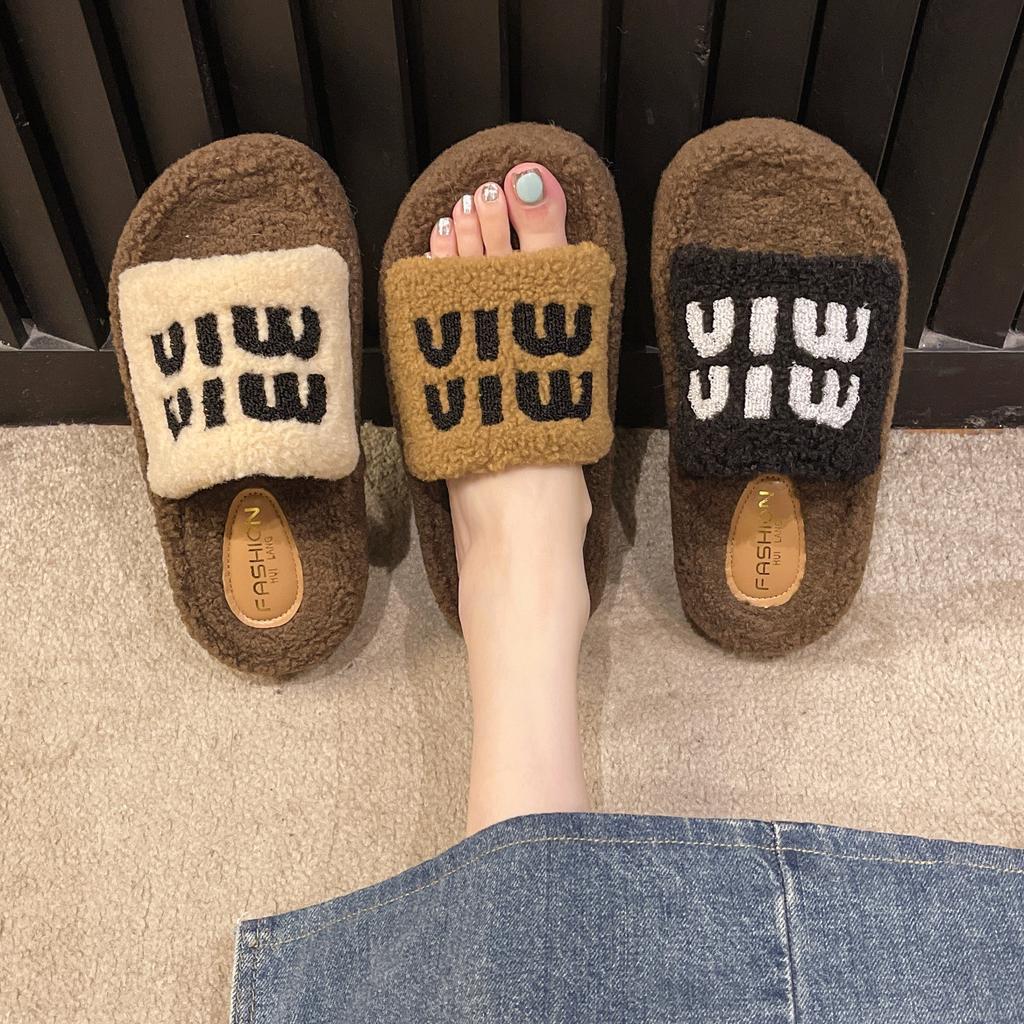 Mao Mao Tuo Girl 2025 Autumn and Winter New Muffin Bottom Alphabet Accessories Fashion Outer Wear Home Warm Plush Slippers