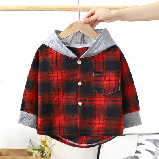 Kids Plaid Hooded Shirt Spring Fall Chest Pocket Button Closure Loose Causal Boys Girls Toddlers Children Long Sleeves Top Jacket