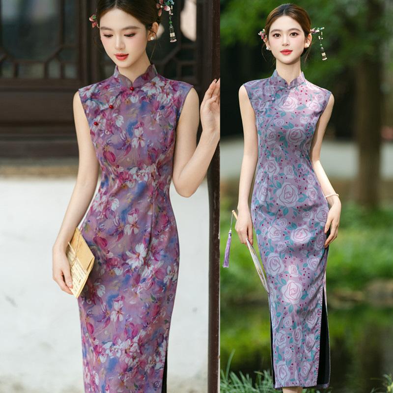 Premium retro improved cheongsam 1011 young girl purple mesh sleeveless slim temperament dress summer