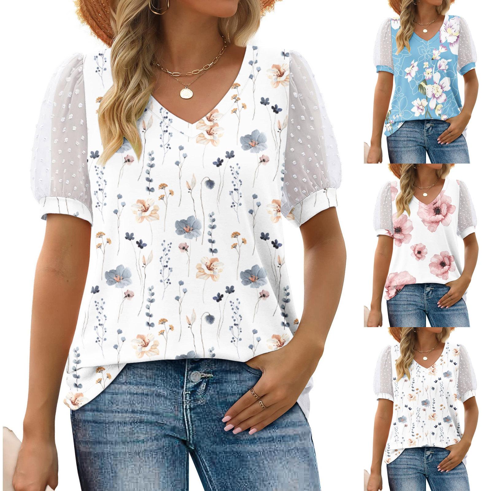 

Женская летняя футболка с коротким рукавом и V-образным вырезом, однотонная кружевная блузка, топы S