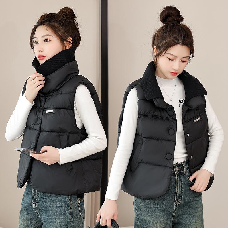 New Cotton-padded Vest, Fashionable and Versatile Knitted Patchwork Cotton Jacket, Double-layer Collar High-end Jacket