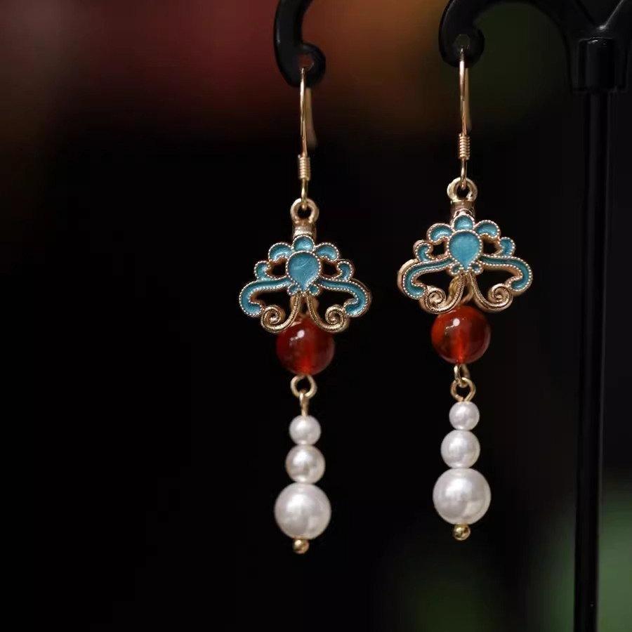 Luxus Neue Antike Damen Hanfu Ohrringe Tang Dynastie Gebrannt Blau Schmetterling Perle Hängeohrringe Hochzeits Schmuck Geschenk