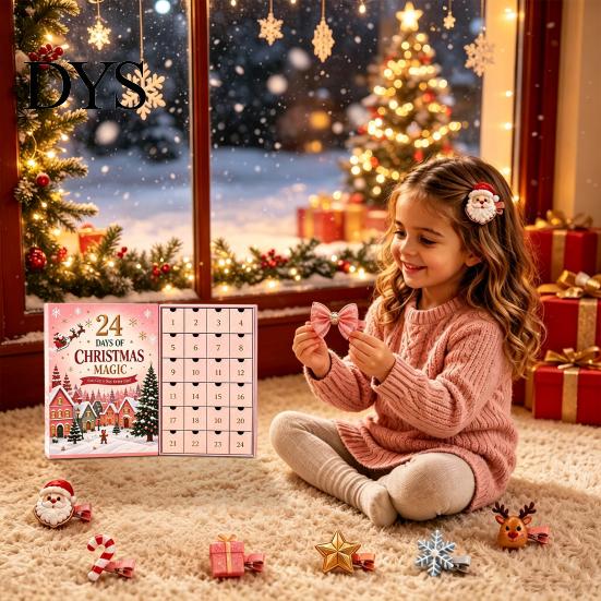 Advent Calendar Box 24-Day Christmas Hair Clip Calendar, Girls Countdown with Holiday Accessories Set 24 Cute Hairpins, Party Gift, DIY Sweet Style