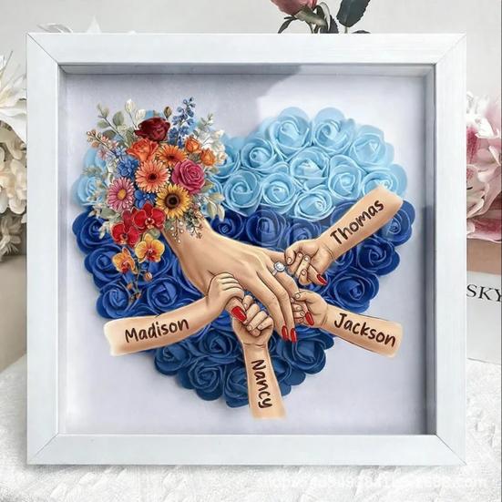 Personalized Mommy Holding Hands Shadow Box with Ring And Manicure Custom Names Floral Heart