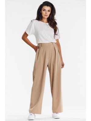 Elegant Wide-leg Trousers Made of Fabric, Beige S