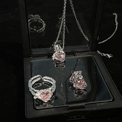 Pink Zircon Love Necklace Niche Design Lava Opening Ring Irregular High-End Sweet Cool Wind Stud Earrings Female