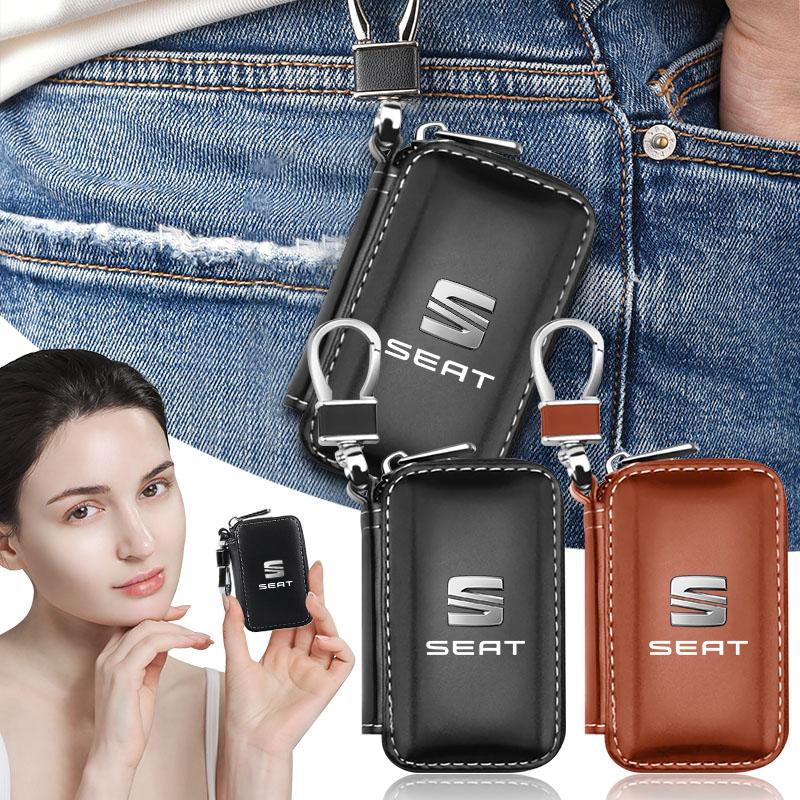 1Pcs Leather Emblem Car Key Case Keychain Zipper Key Case Bag for SEAT Leon FR 5 6 MII Altea 5F Ibiza Toledo Cordoba Alhambra MK3