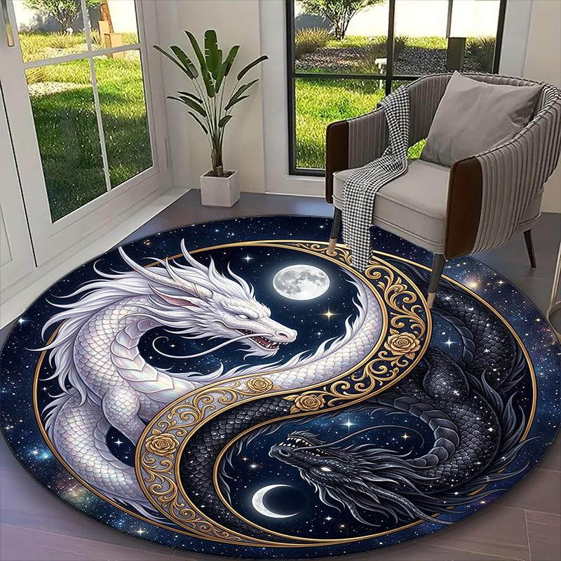 1pc YIN YANG Evil Dragon Rug, Comfortable Printed Home Round Carpet, Cozy Office Chair Rug