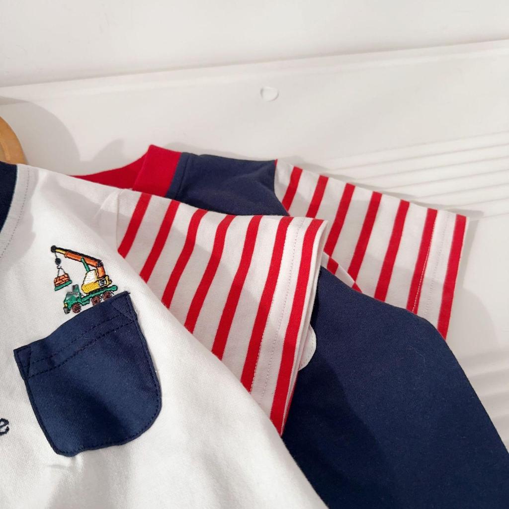 Boys' Short Sleeve Cartoon Stripe T-shirt - 2026 Summer Cool Patchwork Design