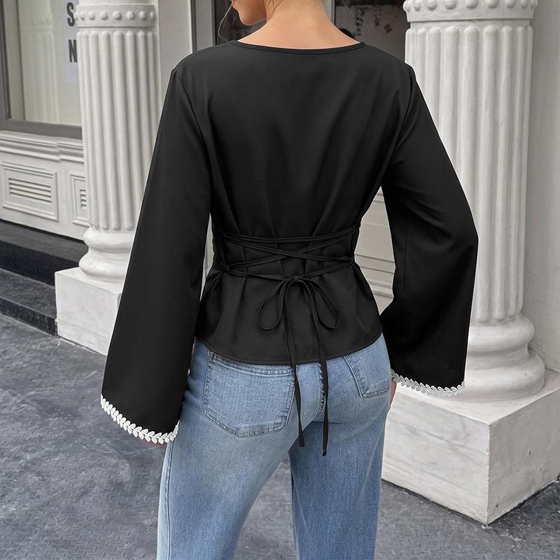 Women Lace Trim Patchwork Lace Up A Line Long Sleeve Commute Blouse For Ladies