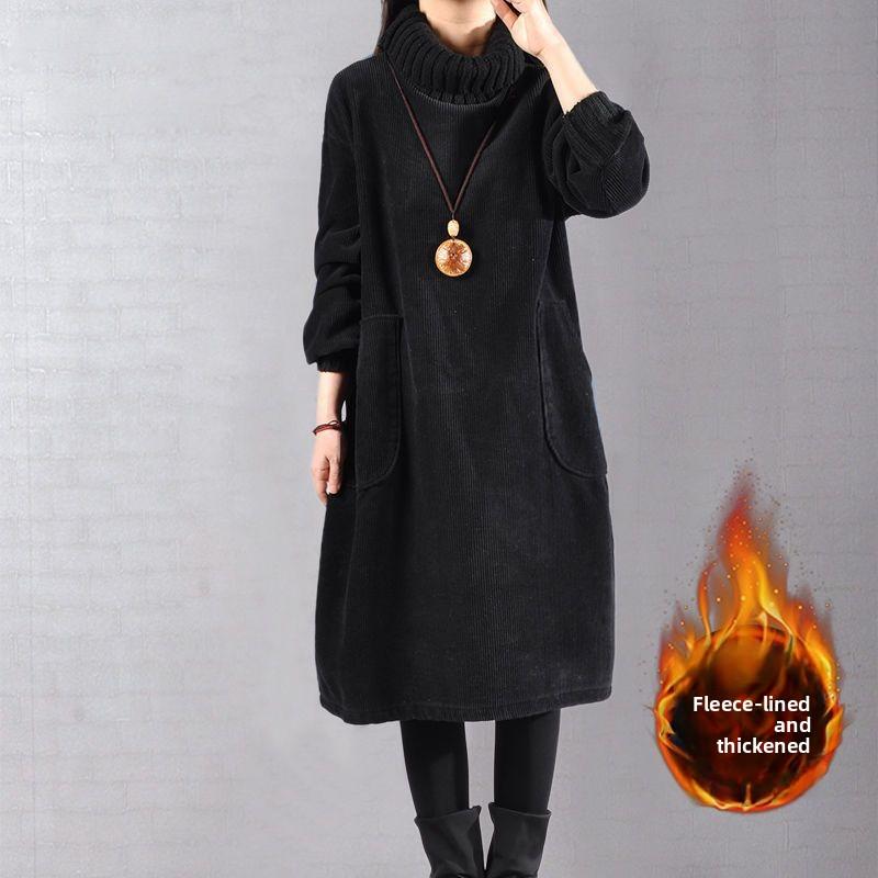 YYFS Moda Donna Autunno Inverno Colore Solido Stampa Manica Lunga Scollo Alto Vita Larga Abiti Casual